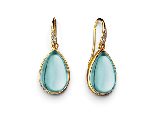 Blue Topaz Cabochon and Diamond Tear Drop Earrings