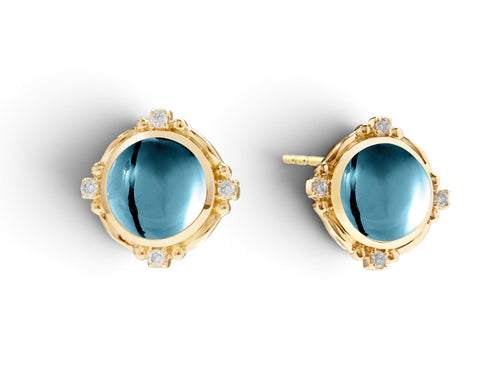 Blue Topaz Cabochon and Diamond Stud Earrings