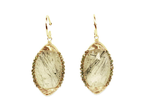 Green Rutilated Quartz and Green Diamond Drop Earrings