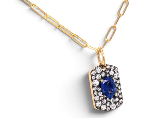 Sapphire and Diamond Pendant with Paperclip Chain Necklace