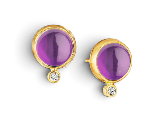 Amethyst Cabochon and Diamond Stud Earrings
