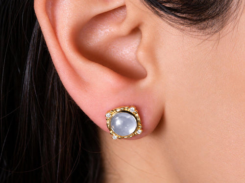 Moon Quartz Cabochon and Diamond Stud Earrings
