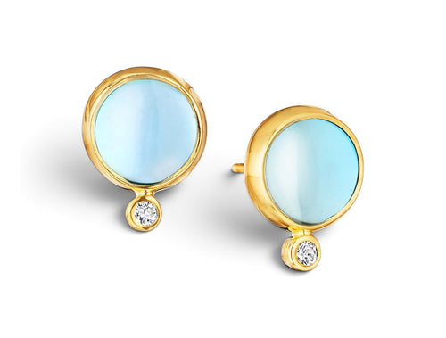 Blue Topaz Cabochon and Diamond Stud Earrings