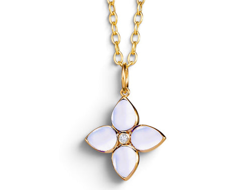 Moon Quartz Cabochon and Diamond "Clover" Necklace