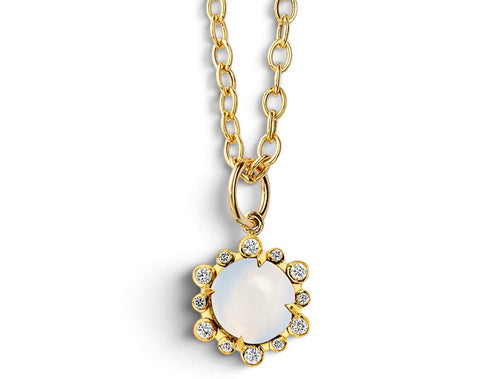 Moon Quartz Cabochon and Diamond Necklace