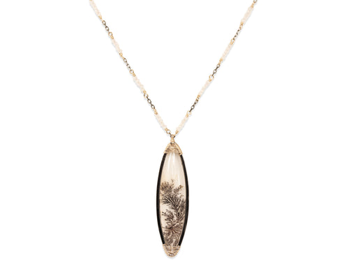 Dendritic Agate Pendant with White Zircon Bead Necklace
