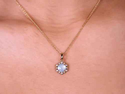Moon Quartz Cabochon and Diamond Necklace