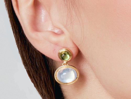 Peridot and Moon Quartz Cabochon Drop Earrings