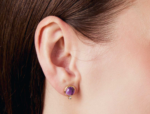 Amethyst Cabochon and Diamond Stud Earrings